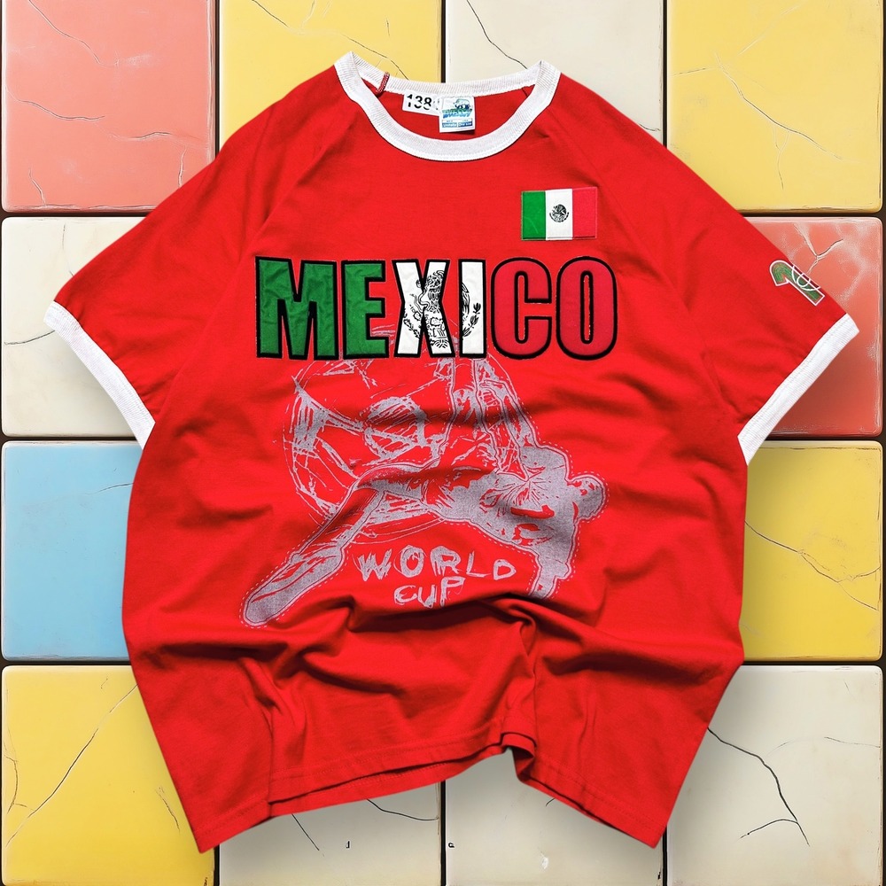 Vintage Mexico World Cup Ringer Tee Y2K Men L Red Soccer Sportswear USA Futbol